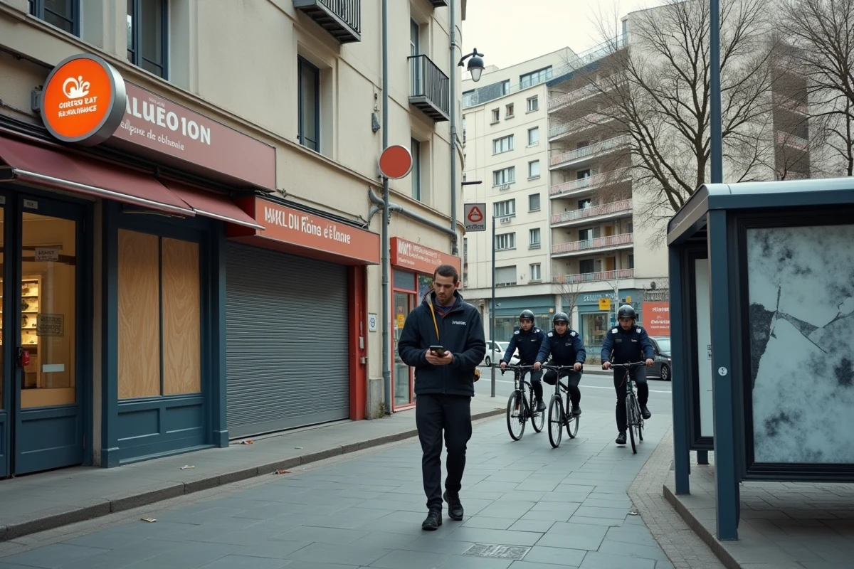Rue commerciale périphérique de Valence avec police à vélo et chantier de construction, illustrant les indicateurs de délinquance en progression dans la ville