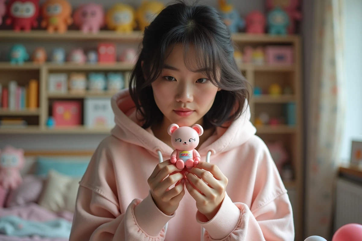 Jeune femme examinant attentivement une figurine Labubu pour vérifier son authenticité, entourée de blind boxes kawaii sur un bureau