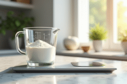 Verre mesureur avec farine et balance de cuisine