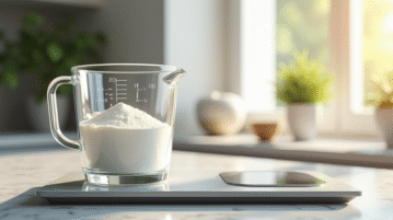 Verre mesureur avec farine et balance de cuisine