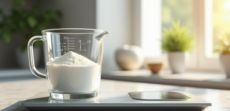 Verre mesureur avec farine et balance de cuisine