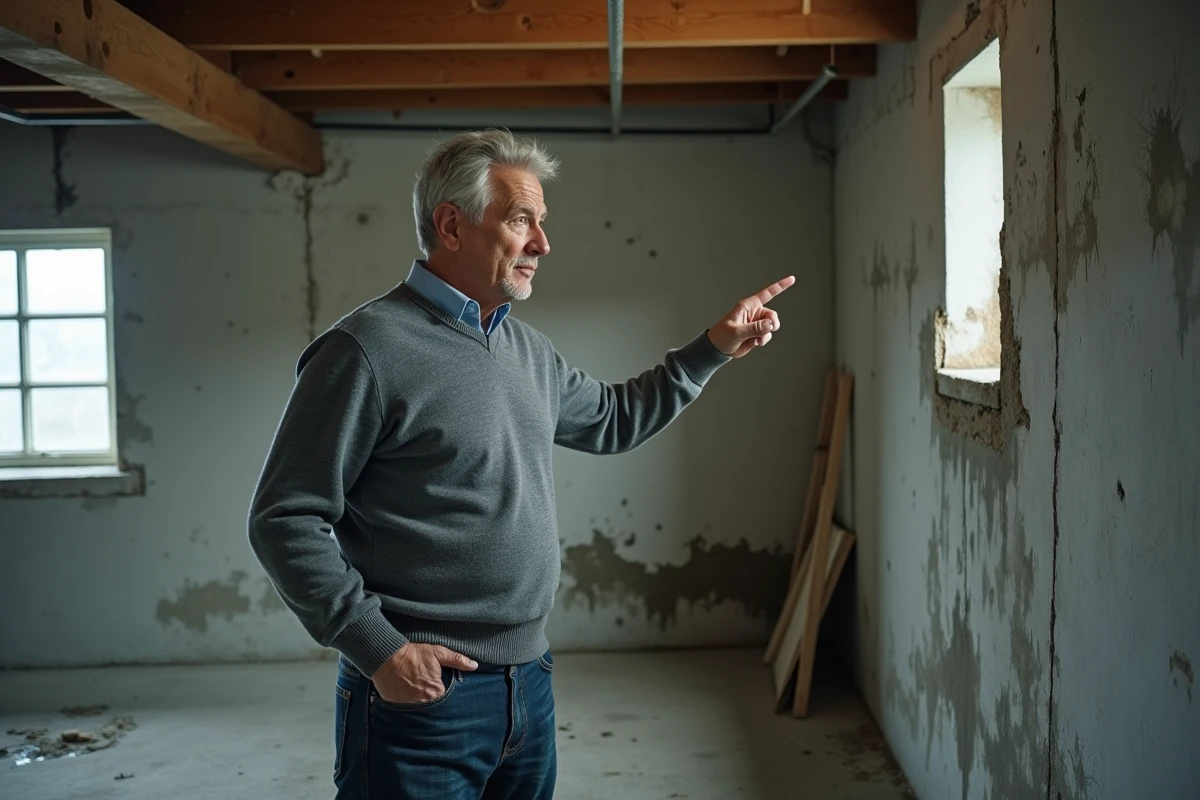 Propriétaire découvrant des traces d'humidité et de moisissures dans une cave, révélant un vice caché après l'achat immobilier