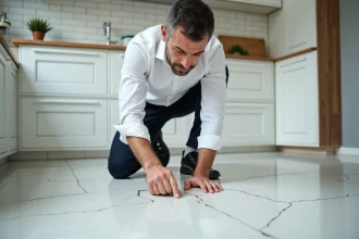 Homme inspectant un vice caché sur le carrelage d'une cuisine rénovée, illustrant la garantie des vices cachés selon l'article 1641 du Code civil