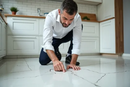 Homme inspectant un vice caché sur le carrelage d'une cuisine rénovée, illustrant la garantie des vices cachés selon l'article 1641 du Code civil