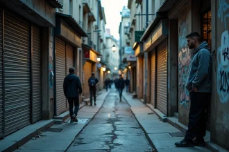 Vue grand angle d'un quartier urbain français dégradé avec immeubles tagués et rues désertes, illustrant le thème des villes dangereuses en France
