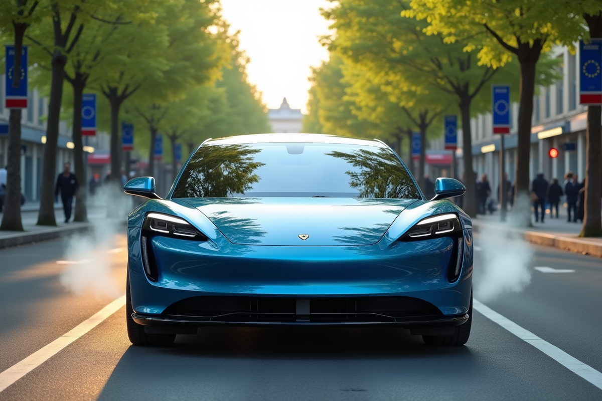 Voiture électrique bleue en ville avec drapeaux européens