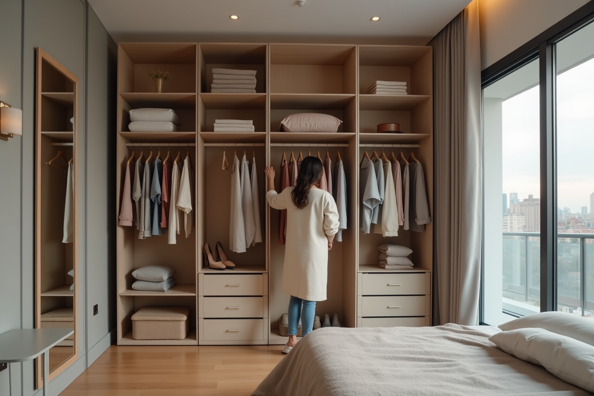 Femme organisée dans une chambre moderne et lumineuse
