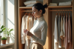 Femme choisissant une tenue dans une garde-robe minimaliste