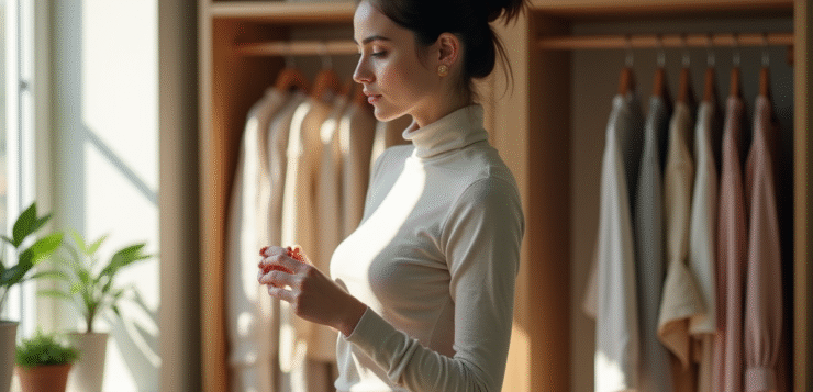 Femme choisissant une tenue dans une garde-robe minimaliste